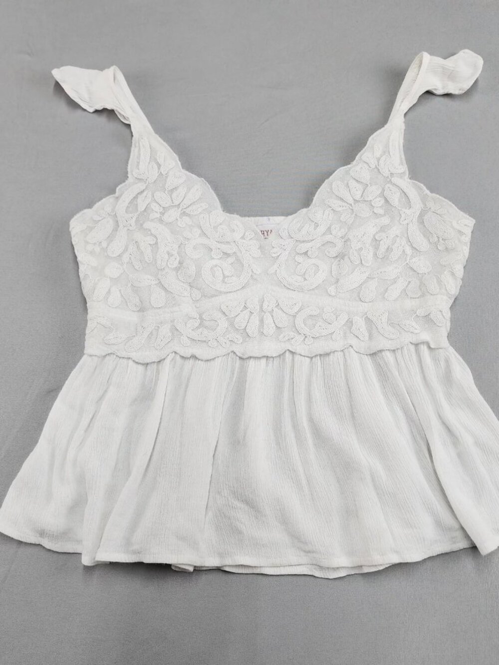 SHYANNE White Peplum Top L Embroidered Smocked Back Adjustable Straps Sleeveless